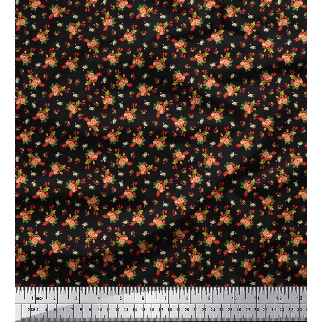 Soimoi Poly Georgette Fabric Leaves, & Rose Floral Decor Fabric Printed Yard 52 Inch Wide