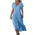 thumbnail image 1 of UPPADA Robe d'Été pour Femme Grande Taille en Coton et Lin, Robe Maxi Fluide à Manches Courtes, Robe Décontractée Style Sundress à Col en V, Taille Portefeuille, Robes Fluides de Plage, Robes d'Été pour Femmes de Plus de 50 Ans Bleu, P, 1 of 6