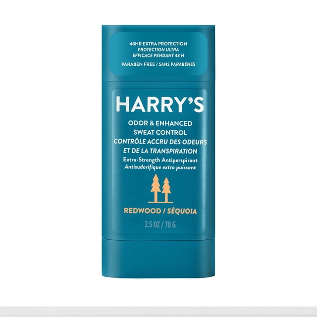 Harry’s Redwood Odour & Enhanced Sweat Control Extra-Strength Antiperspirant Stick for Men in a teal blue container with white and orange text, offering 48-hour odour and sweat protection, paraben-free formula, 70g size, suitable for men with sensitive skin.