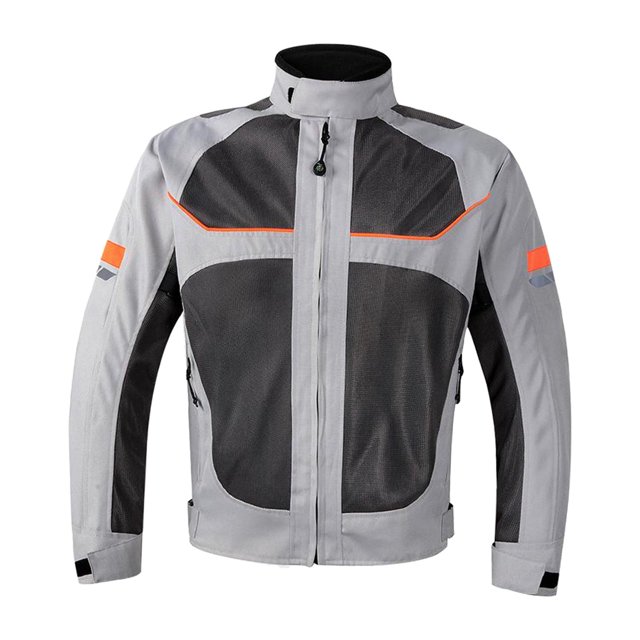 Motorcycle Riding Jacket Motocross Jacket Impact Protection Reflective Breathable Mesh Protective Gear Coat for Motorbike Riding Summer in gray, size L. Made of high-quality polyester with inner and outer mesh for breathability, it features a stand-up collar, adjustable waist, cuffs, and hem, and elastic pleats on the elbows for flexibility. Reflective designs on the front and back enhance night visibility. Includes thickened protective fabric and comes with two shoulder pads, two elbow pads, and one back pad.