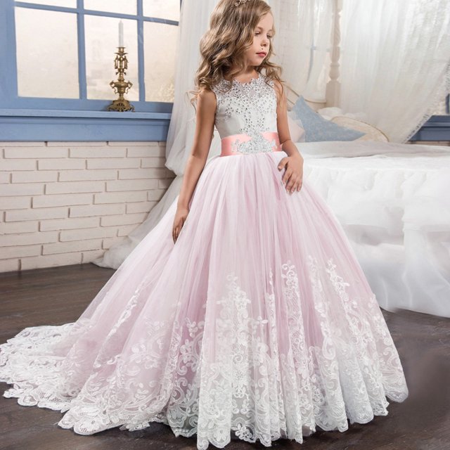 LSLJS Girls Princess Robes de Concours Enfants Tulle Bal de Promo Robes de Bal à Paillettes Mariage Fête Fleur Longues Robes