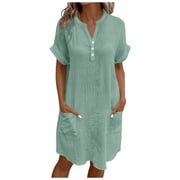 Mint Lime Green V Neck Dress for Teen Girls Summer Fall Short Sleeve Midi Knee Length Thin Plain Dress Womens Button Down 2025 Clothing Regular Fit Country Concert XXL