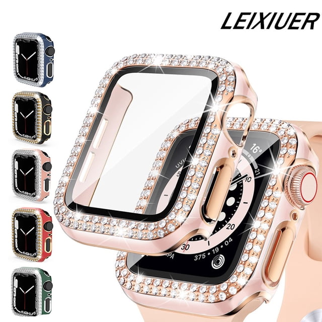 LEIXIUER for Apple Watch case 40mm with tempered glass screen protector, featuring a bling crystal diamond rhinestone bumper in a full cover design. Compatible with iWatch Series 6/5/4/SE, this smartwatch accessory is scratch-resistant, shockproof, and ultra-thin for high sensitivity. Ideal for wearable technology enthusiasts, available in multiple colours with precise cutouts for easy installation.