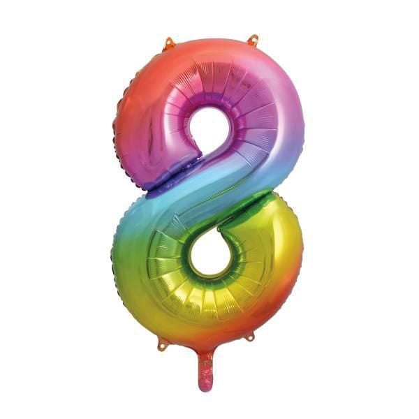 Rainbow Foil Balloon, Number 8 Shaped, 34", a shiny foil balloon with a gradient rainbow color scheme from red and pink at the top to blue, green, yellow, and orange at the bottom, measuring 34 inches tall, reusable and self-sealing, ideal for party decorations, milestone celebrations, and photo booth props.