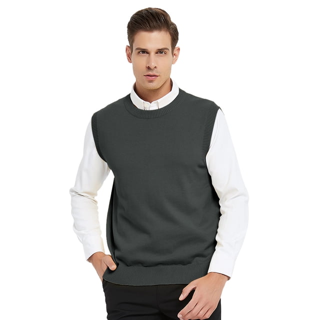 TOPTIE Men's 100% Cotton Knit Sweater Vest, Crew Neck Solid Color