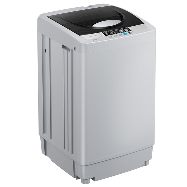 Simzlife Portable Compact Washing Machine with 1.59 Cu.Ft/11LBS capacity in grey, featuring 8 wash programs and 8 water levels. Includes a drain pump, LED display, and a stainless steel drum. Designed for apartments, RVs, and homes, it offers a child lock, adjustable stabilizing feet, and a clear viewing lid for safety and convenience.
