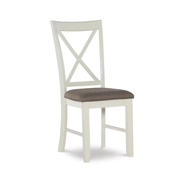 Lander Chaise Latérale, Taupe (Ensemble de 2) Présentant un Cadre en Hévéa Massif Peint Blanc Vanille avec un Dossier en X et un Siège Rembourré Rembourré en Tissu de performance Taupe Rustique, Hauteur de Siège 19,5 Pouces, Vue avant Inclinée sur Fond Blanc, Idéal pour les Sièges de Cuisine et de Salle à Manger.