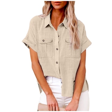 fheaev Chemises Boutonnées pour Femmes Manches Courtes Retroussées T-Shirts en Coton et Lin à Boutons avec Poche Tuniques de Travail à Col en V Blouse Hauts à Col