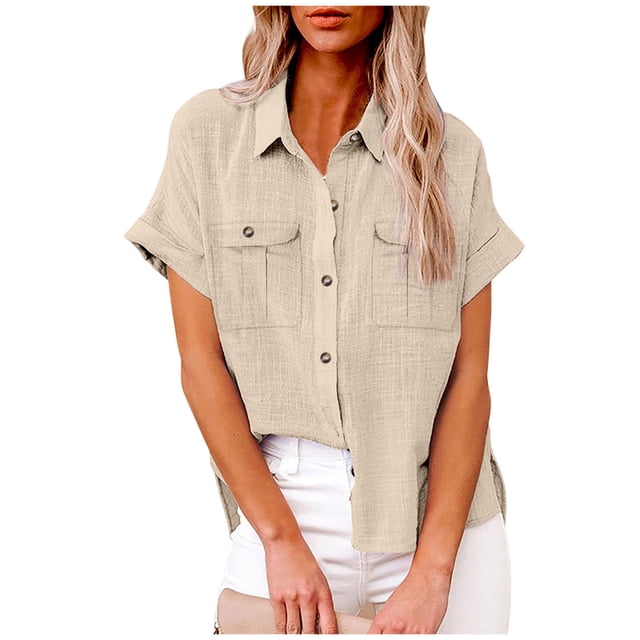 fheaev Button Up Shirts For Women with roll-up short sleeves, button-down front, and breathable cotton-linen fabric. This V-neck blouse features a collared top and two front pockets, shown in a solid neutral color. Ideal for casual, work, or outdoor occasions, and pairs well with jeans or leggings.