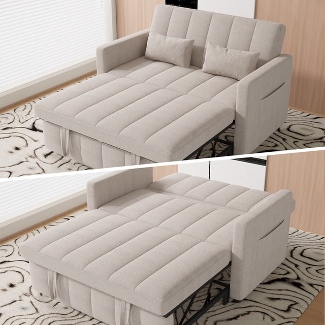 Hawsaiy 3-in-1 Convertible Sleeper Sofa Bed, Pull Out Loveseat Couch with 5-Level Adjustable Backrest, Metal Frame, Side Pockets & Pillows, Easy Assembly, Beige