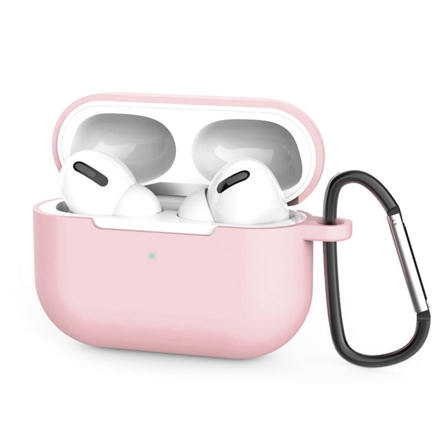 PANDACO Peach Pink Soft Case for AirPods Pro (1st Gen) Charging Case, a headphone accessory made of TPU material, designed to protect against bumps and scratches. The case features a solid peach pink color and includes a black carabiner for easy attachment. AirPods Pro charging case not included.