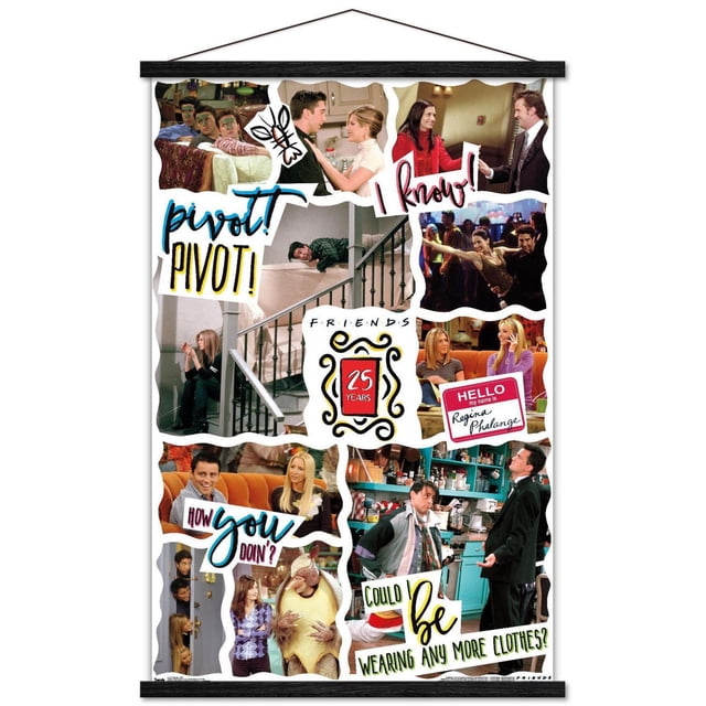 Friends - Affiche Murale du 25e, 22,375 Po x 34 Po Présentant un collage de Scènes Emblématiques et de Citations de l'Émission Télé Friends, Incluant « Pivot! » et « How you doin'? », Imprimée sur Papier d'Affiche Lustré aux Couleurs Vibrantes, Idéale pour l'Art Mural, la Déco de Pièce et les Dortoirs, Exposée avec un Cadre Suspendu Noir.