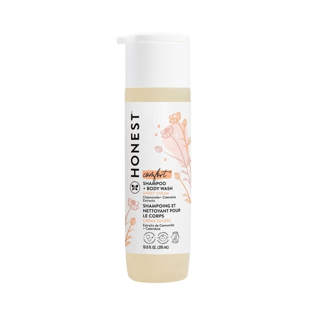 Honest Shower Body Wash Sweet Cream in a 10 fl. oz. (295 ml) beige and white bottle with a white pump, featuring chamomile and calendula extracts, hypoallergenic, dermatologist-tested, tear-free formula gentle for baby and family, labeled in English and French with floral design.