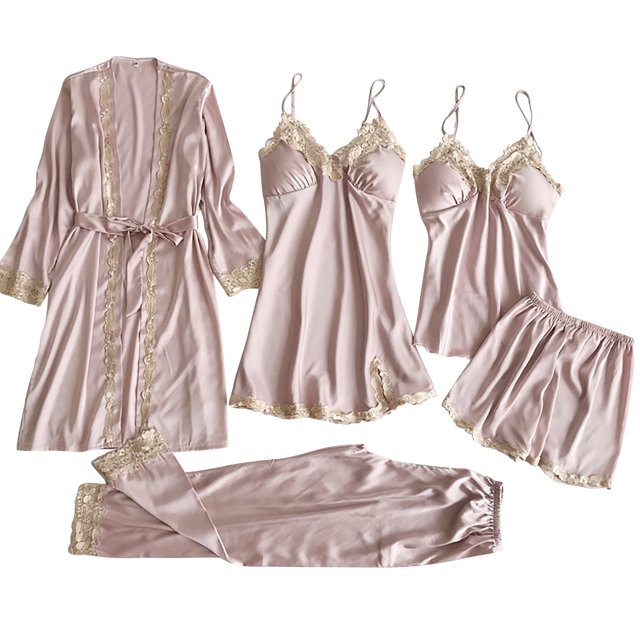 Pxiakgy Pyjamas pour Femmes Ensemble de Pyjamas en Satin 5 Pcs Pyjamas en Soie Effet Dentelle Pyjamas pour Femmes Rose + TG