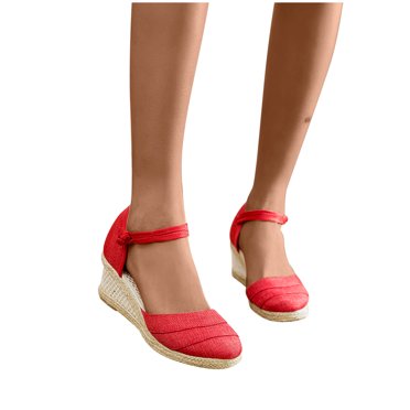 Womens Wedge Sandals Platform Espadrille Heel Close Toe Fold Ankle Buckle Casual Non Slip Breathable Summer High Heels Red