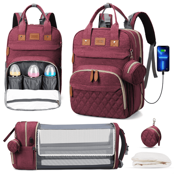 Diaper Bag Backpack, Multifunction Diaper Bag Backpack With Changing Station, USB Charging Port & Foldable Crib, Large Capacity Travel Backpack w/Sunshade&Pacifier Case&Stroller Straps(Red)