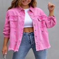 thumbnail image 3 of SEARIPE Women‘s Casual Denim Jacket Frayed Hem Ripped Long Sleeve Jean Jacket With Pockets Pink M, 3 of 9