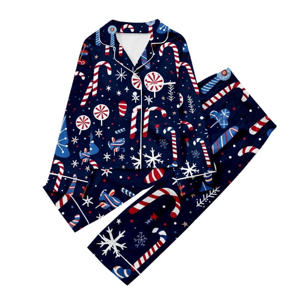 GDREDA Kids Pajamas Children's Christmas Print Long Sleeve Trousers Cardigan Children's Pyjamas Two Sets Dark Blue,9-10 Years