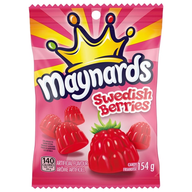 Maynards Bonbons Swedish Berries Bonbons Gélifiés Emballage Mettant en Vedette des Bonbons Rouges et Moelleux en Forme de Baie sur Fond Rose avec un logo Couronne Jaune, Poids de 154 g, 140 calories par Portion de 39 g, et Arôme Artificiel, Idéal pour des Collations Sucrées et le Partage.