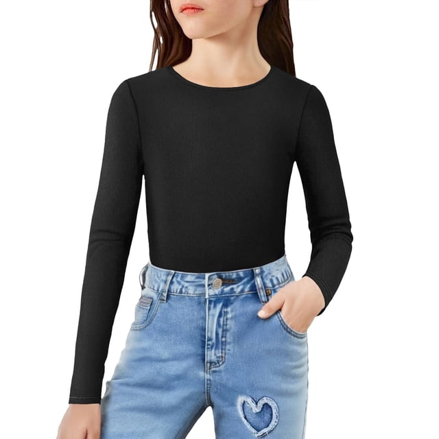yardsong Girls' Fleece Ribbed Knit Base Layer - Long Sleeve Winter Warm Crewneck Top Black,4-8Years