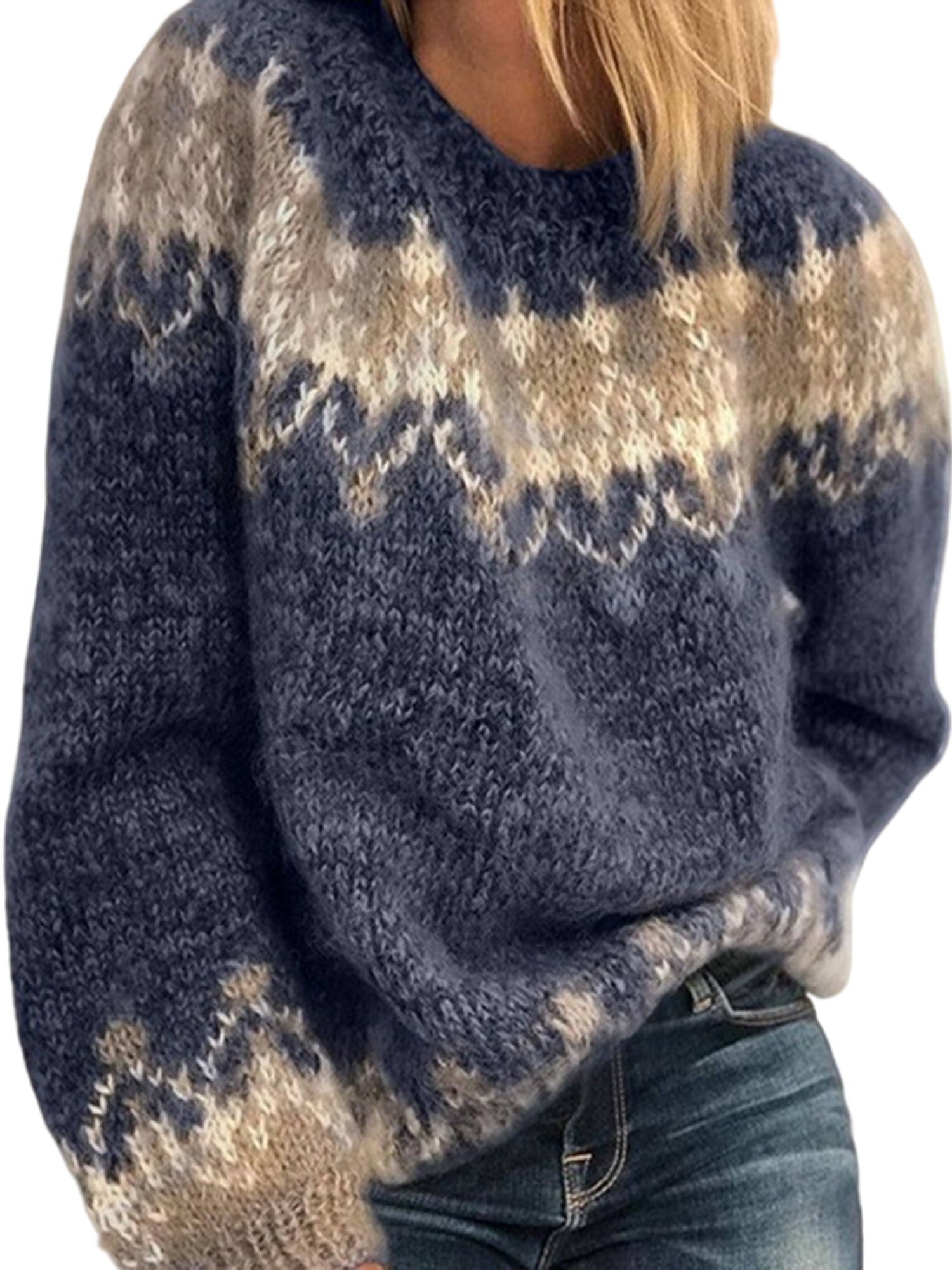 LUXUR Chandail pour Femmes à Manches Longues, Haut de Type Jumper, Hiver, Chaud, Chandails Tricotés, Chandail Confortable, Col Rond, Bleu, TTTG
