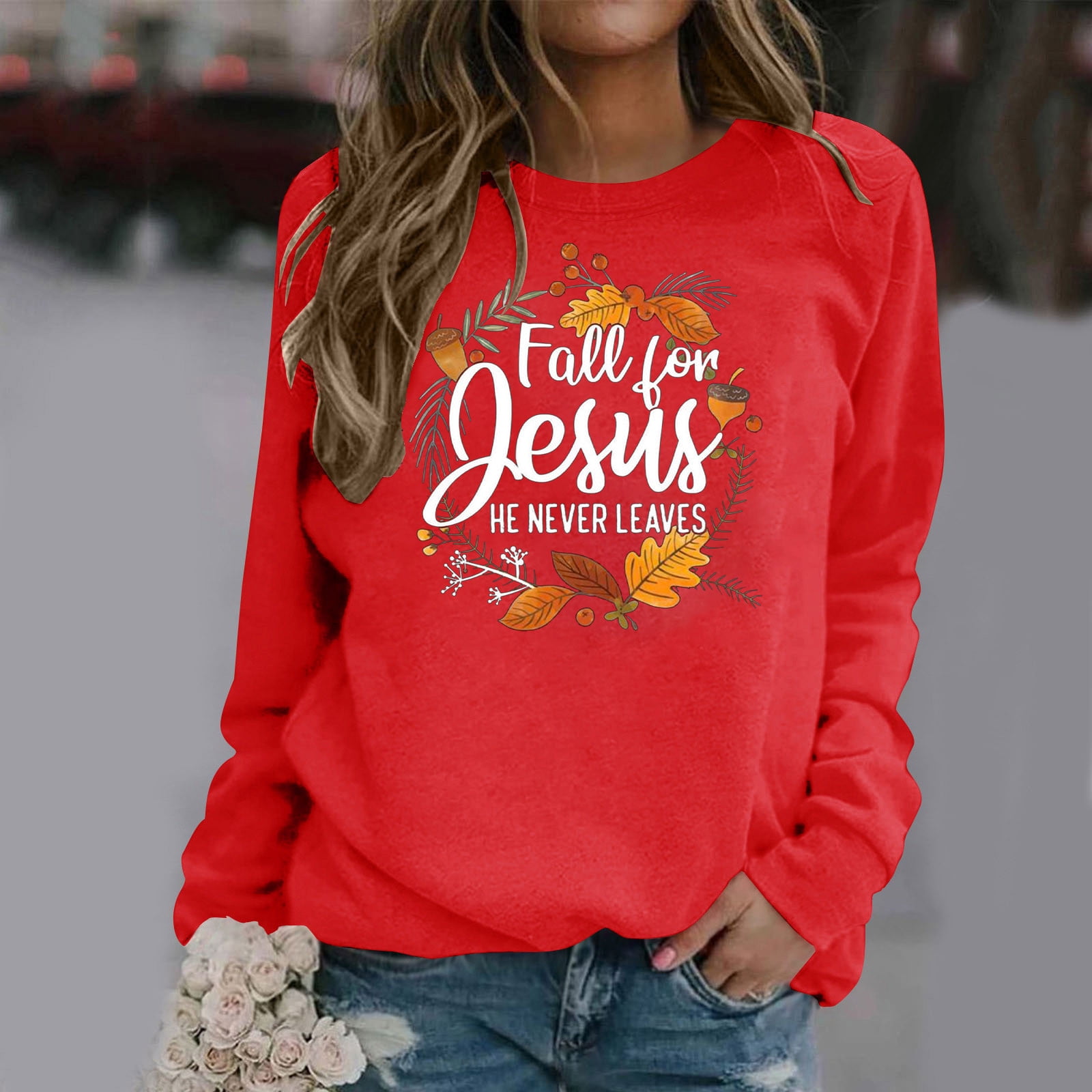 Babysbule Liquidation Hauts à Lettres pour Femmes Dames Automne Imprimé Ample Manches Longues Col Rond Chandail à Enfiler Haut T-Shirt Haut