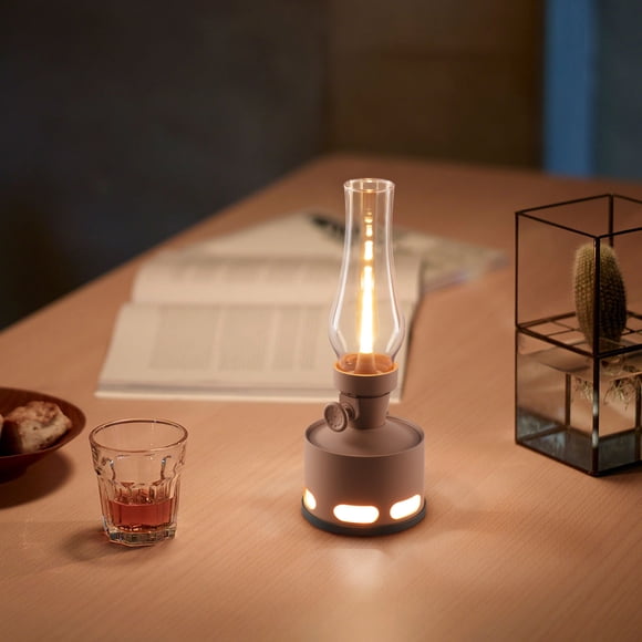 Tubicen Cordless Battery Table Lamp, Flameless Candle Lantern with Kerosene Oil Lamp Design, 2 LED Lights, 10-Level Rotary Dimming, Blow/Tilt Off Function, Wireless Nightstand Light, Khaki