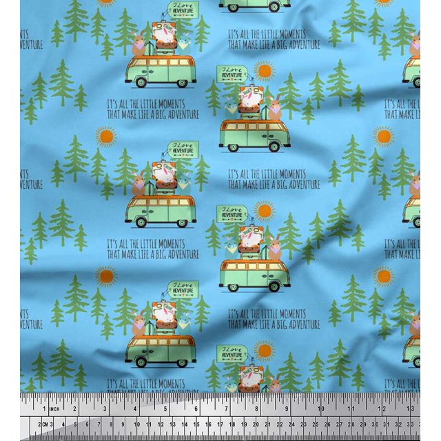 Soimoi Cotton Voile Fabric Rabbit,Van & Suitcase Travel Printed Fabric 1 Yard 56 Inch Wide