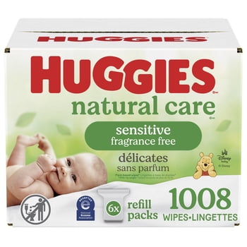 Lingettes pour bébés Huggies Natural Care pour peau sensible, NON PARFUMÉES, 6 recharges, total de 1,008 lingettes