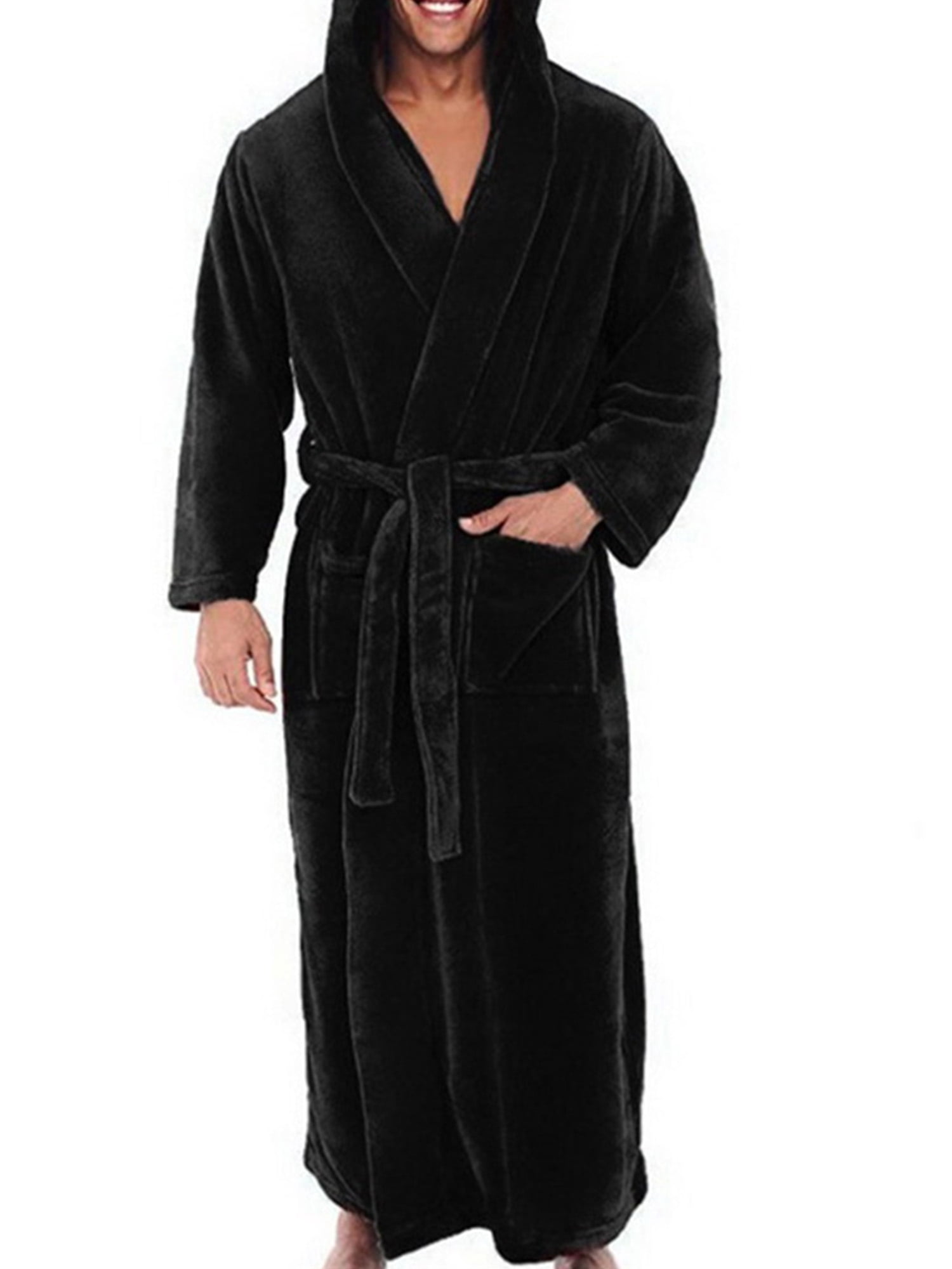 LUXUR Men Dressing Gown Hooded Wrap Robe Long Sleeve Bath Robes Plain Nightwear Solid Color Towelling Black M