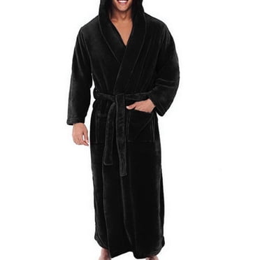 CVLIFE Mens Wrap Robe Solid Color Dressing Gown Long Sleeve Bath Robes Belt Hooded Nightwear Night Towelling Black 3XL
