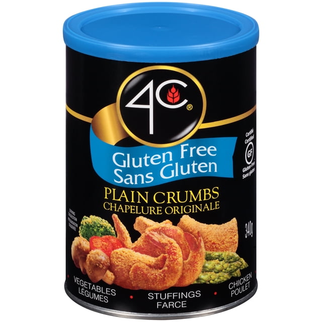 Chapelure de Pain Nature Sans Gluten 4C, Boîte de 340 g avec Couvercle Bleu et Étiquette Noire Offrant une certification Sans Gluten, Montrant des Crevettes Panées, des Légumes et des Asperges, Convient pour Enrober des Légumes, des Farces et des Plats de Poulet dans les Aliments et Enrobages du Garde-Manger.