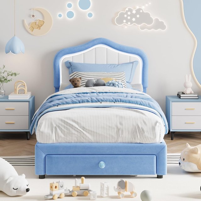 Twin Size Upholstered LED Platform Bed Frame with Storage Drawer Velvet No Box Spring Needed Blue