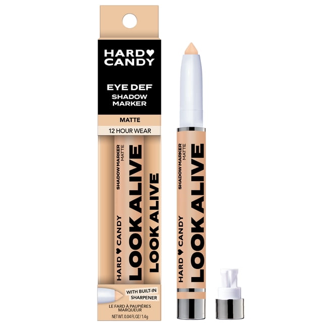 Hard Candy Eye Def Eyeshadow Stick in matte beige with built-in sharpener, creamy and blendable formula offering 12-hour budge-proof wear, shown uncapped alongside its packaging, ideal for quick, smooth eye makeup application.