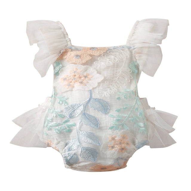 Princess Newborn Baby Girls Rompers Lace Sleeve Embroidered Flower Backless Tulle Sling Jumpsuit White 6-12 Months