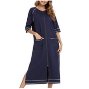 Cottons Pajama Skirt Women Robe Zipper Front House Coat 3/4 Sleeve Nightgown Full Length Soft Loungewear Dress with Pockets S-5 Navy M