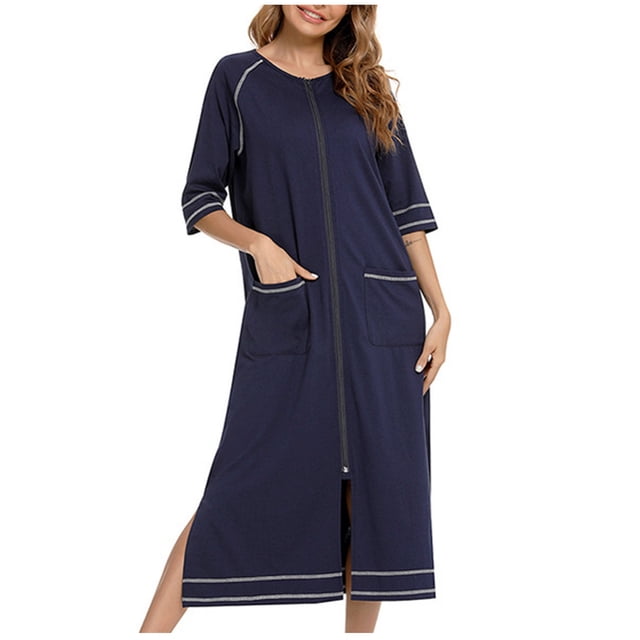 yievot Robe de Maison pour Femmes Longue à Fermeture Éclair devant Peignoirs Chemises de Nuit avec Poches Tenue d'Intérieur