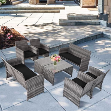Gymax Ensemble de Conversation en Rotin pour Patio Extérieur 8 Pcs avec Coussin Noir