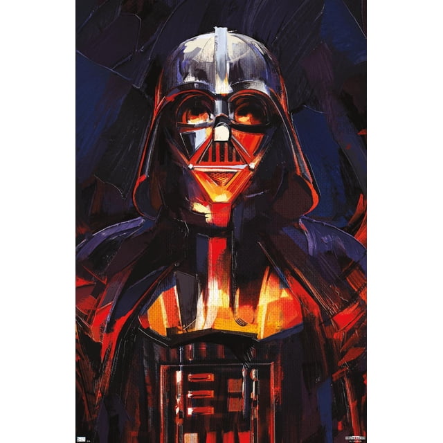 Star Wars : Obi-Wan Kenobi - Affiche Murale de Peinture de Darth Vader, 22,375 Po x 34 Po Représentant un Rendu Artistique Moderne de Darth Vader en Armure Noire avec des Surligneurs Rouges et orange, sur Fond Abstrait Bleu Foncé et Noir, Idéal pour l'Art Mural et la Déco de Chambre à Thème.