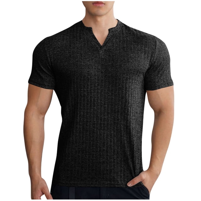 Men's Muscle T Shirts Stretch Short Sleeve V Neck Bodybuilding Workout Tee Shirts Slim Fit Ribbed Knit Shirt
