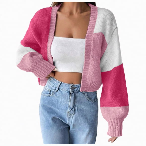 Splozh Cute Fall Sweaters Women Long Sleeve Open Front Knit Cropped Cardigan Sweaters Casual Drop Shoulder Short Sweater Coats Pink,M