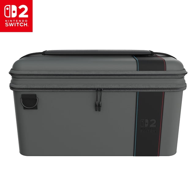 Turtle Beach PlayTrek 2-in-1 Case (Charcoal Black) - Nintendo Switch 2 - Travel Case, Overnight Case, Storage, Dock Storage, Console Case, Game Card Case, Protection, Hard Shell Case Centered front view of the detachable two-piece case showing the top travel compartment with padded screen flap, zippered mesh pocket and game card slots, and the bottom molded compartment with shaped storage for dock, AC adapter, two Joy-Con and a wireless controller; ridged EVA shell and TPU-coated polyester exterior, neoprene handle and adjustable shoulder strap. Often used as a compact overnight carry for tournaments or travel.