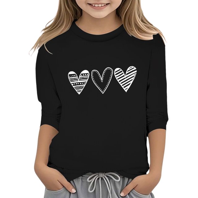 PMVFHDE Hauts d'Été pour Filles T-Shirts Graphiques pour Filles Hauts d'Été Tendance Hauts pour Filles T-Shirt Robes pour Filles Imprimé de la Saint-Valentin Col Rond Fonctionnel Manches 3/4 T-Shirt Noir, 3-4 Ans