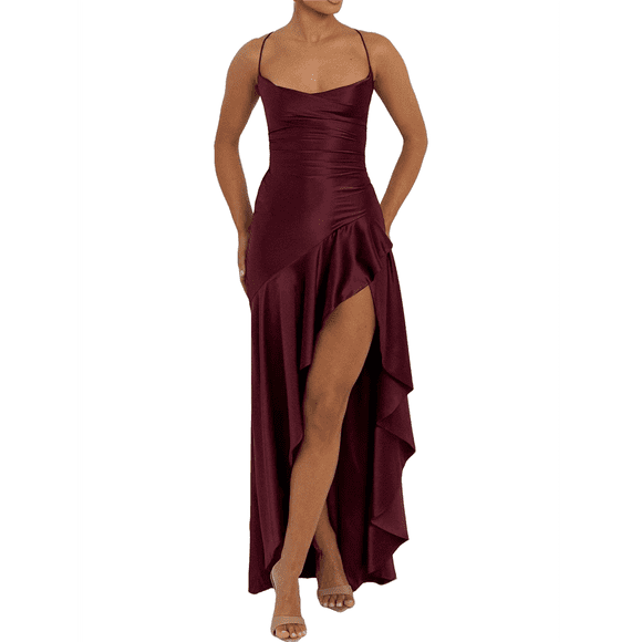 Women's V-Neck Sleeveless Satin Ruffle Hem Tight Long Casual Open Back High Slit Cocktail Dress Wine Red XL