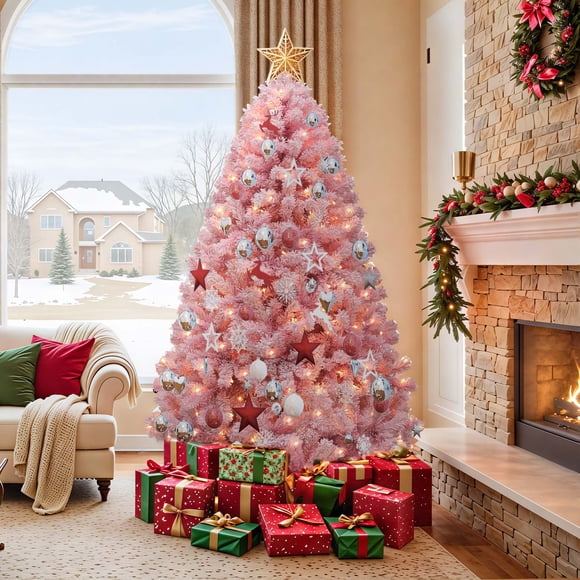 DEXTRUS 7.5Ft Pre-Lit Flocked Artificial Christmas Tree with 1346 PVC Tips & 550 Warm-White Lights, Pink