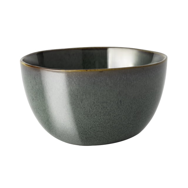 Yellowstone Dutton Reactive Ceramic Cereal Bowl with deep green reactive glaze and warm bronze rim, made of durable stoneware. Microwave and dishwasher safe, suitable for cereal, soup, snacks, and often used as a serving bowl for salads or side dishes.
