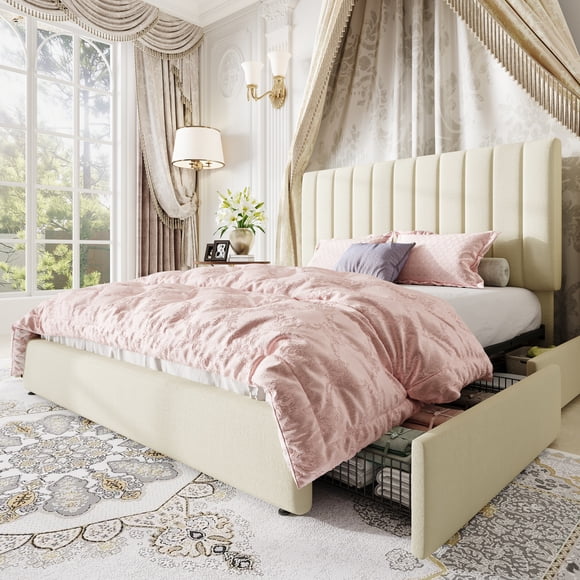 Amolife Cadre de Lit Grand, Lit Plateforme avec Tête de Lit Ajustable Recouverte de Velours et 4 Tiroirs de Rangement, Sommier Non Requis, Blanc Crème