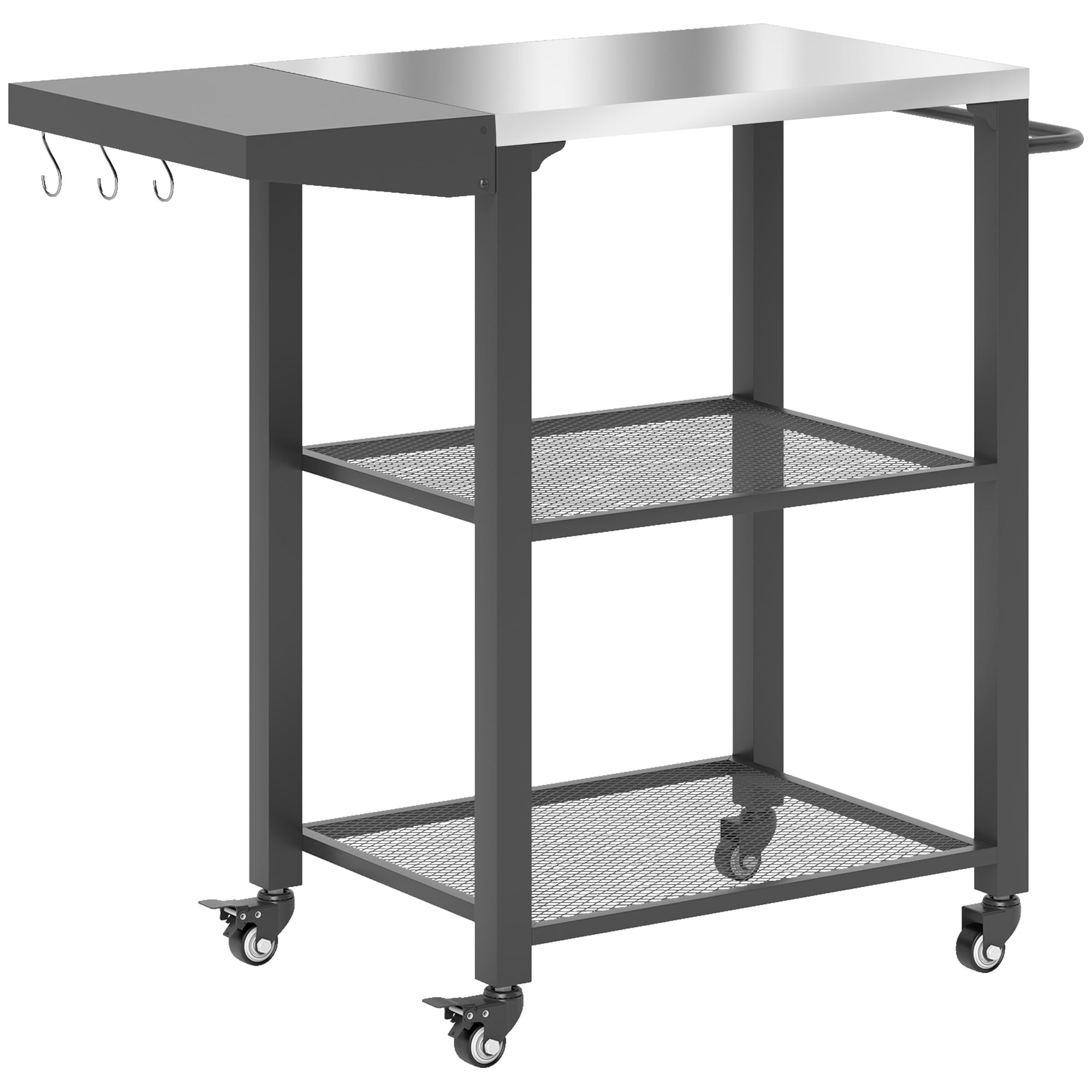 Outsunny Chariot de Gril d'Extérieur en Acier Inoxydable Argenté avec Table d'Appoint Pliable, Support de Four à Pizza à 3 Niveaux, Crochets et Roues - 31,5 Pouces L x 16,1 Pouces L x 31,1 Pouces H, pour Patio et Jardin