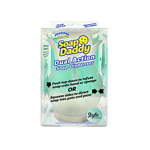 Scrub Daddy Soap Dispenser for Kitchen and Bathroom - Soap Daddy - Refillable Soap Dispenser for countertop, Dual Action with Easy grip Sides, Multi-use, 1 ct Centered front view of pearl-translucent countertop dispenser with rounded-square silhouette, textured squeeze sides, push-top pump and visible bottom valve. Dispenses by pressing the top or squeezing the sides; suitable for dish, hand or body wash and often used to pre-soak utensils.