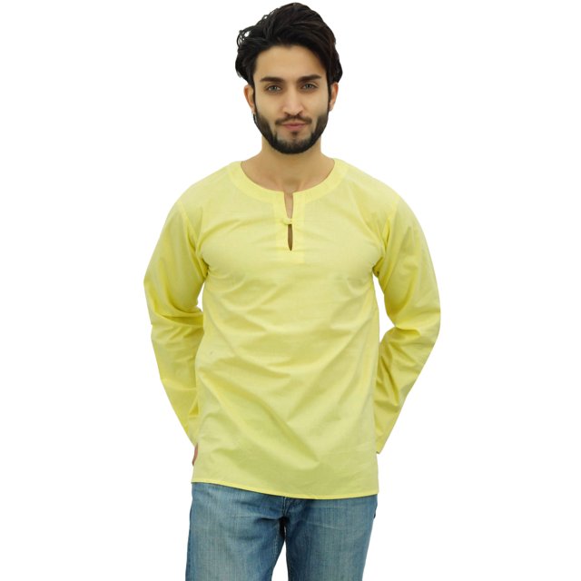 Atasi Men's Yellow Short Kurta Round Keyhole Neck Cotton Tunic Shirt-XXX-Large